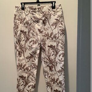 TALBOTS Modern Ankle Crop Pants Size 8 Tropical Print Stretch Tan White Size 8